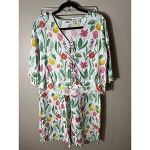 Rachel Zoe Floral 2 Piece Set Green White Linen Blend Top Pants Small